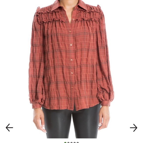 Max Studio Cotton Plaid Feminine Blouse Size S Brown Ruffles Empire Sleeve - Picture 1 of 11